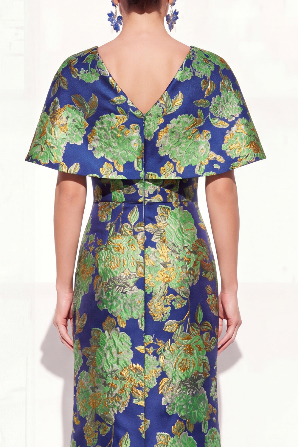 Pink Blue Mermaid V-Neck Jacquard Floral Long Mother Of the Bride Dress