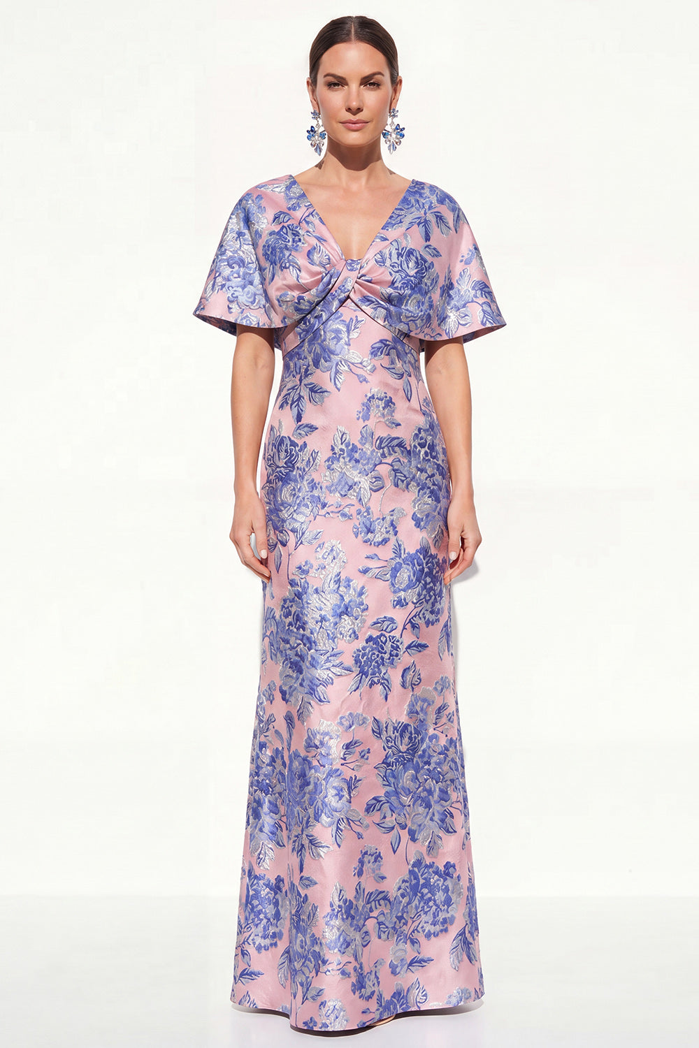 Pink Blue Mermaid V-Neck Jacquard Floral Long Mother Of the Bride Dress