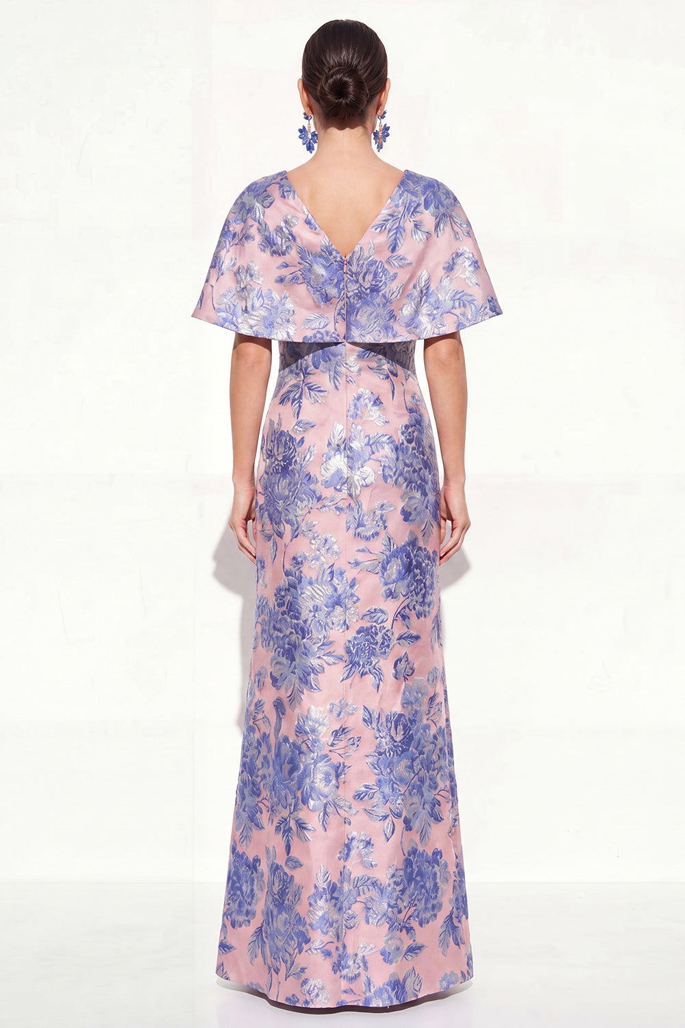 Pink Blue Mermaid V-Neck Jacquard Floral Long Mother Of the Bride Dress