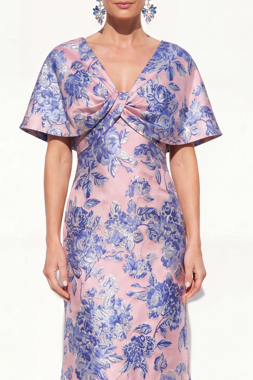 Pink Blue Mermaid V-Neck Jacquard Floral Long Mother Of the Bride Dress