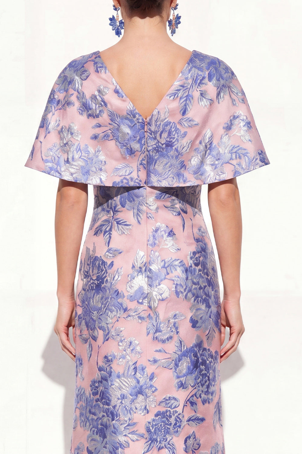 Pink Blue Mermaid V-Neck Jacquard Floral Long Mother Of the Bride Dress