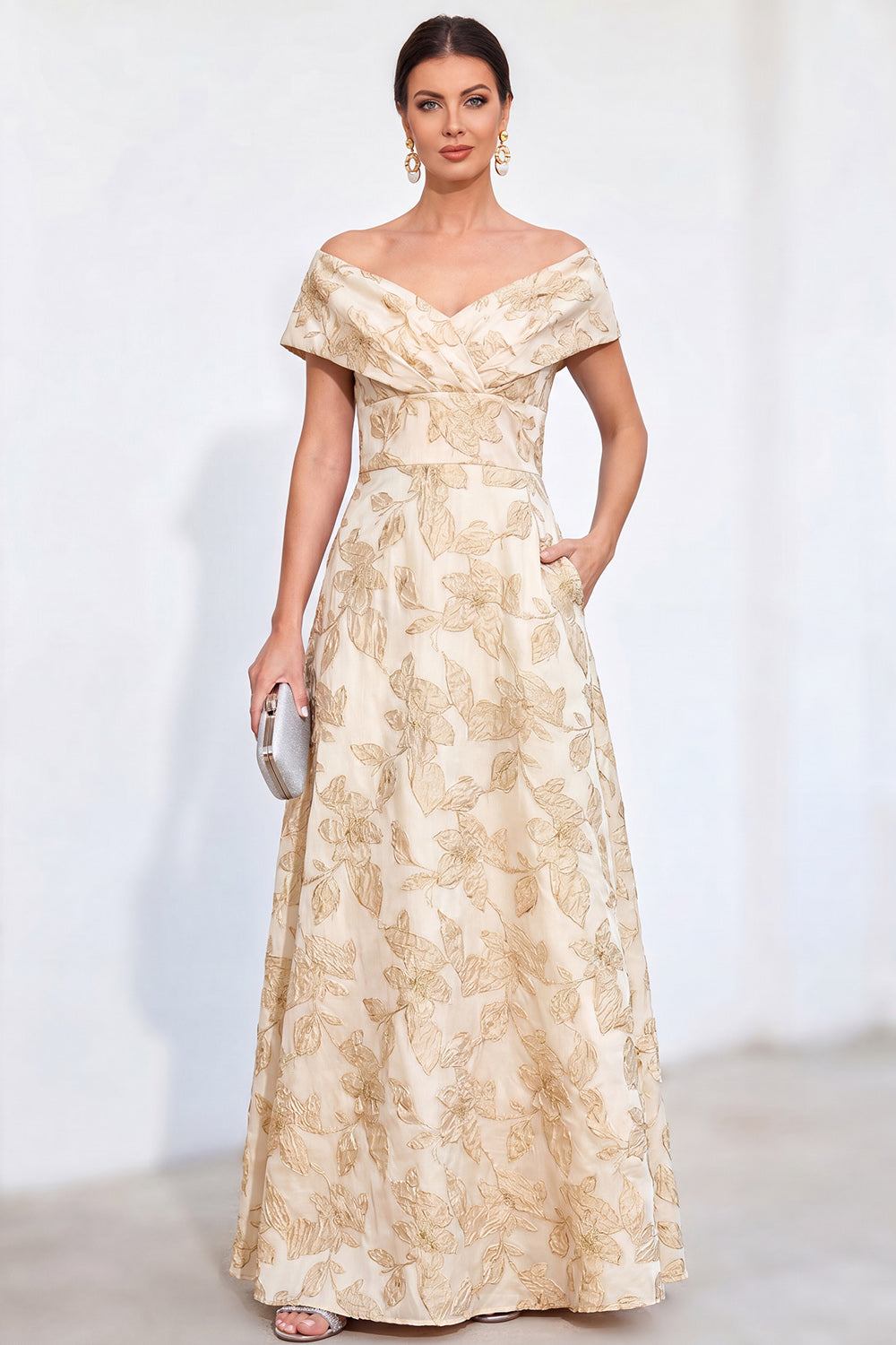 Golden A-Line Off the Shoulder Jacquard Floral Long Mother Of the Bride Dress