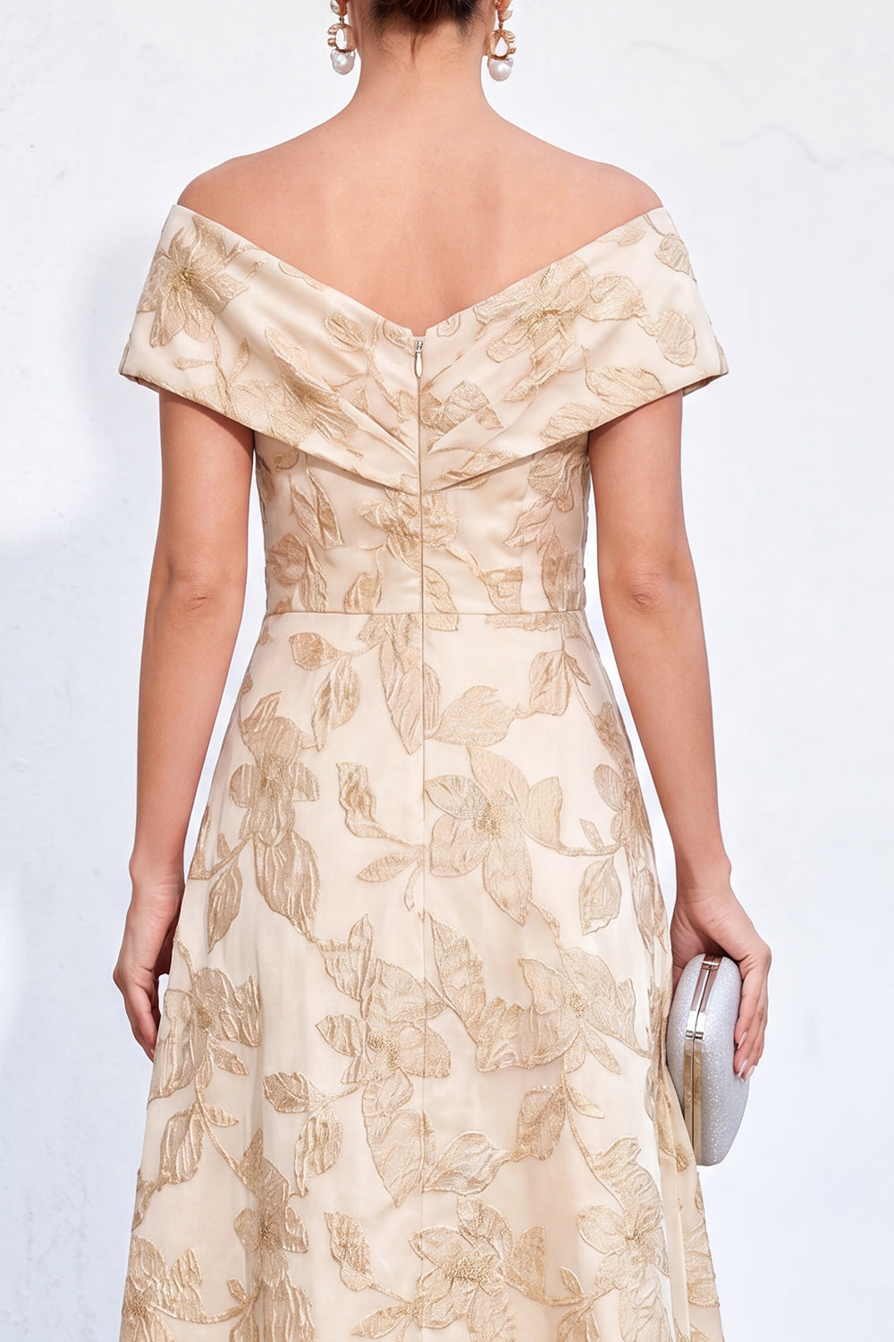 Golden A-Line Off the Shoulder Jacquard Floral Long Mother Of the Bride Dress
