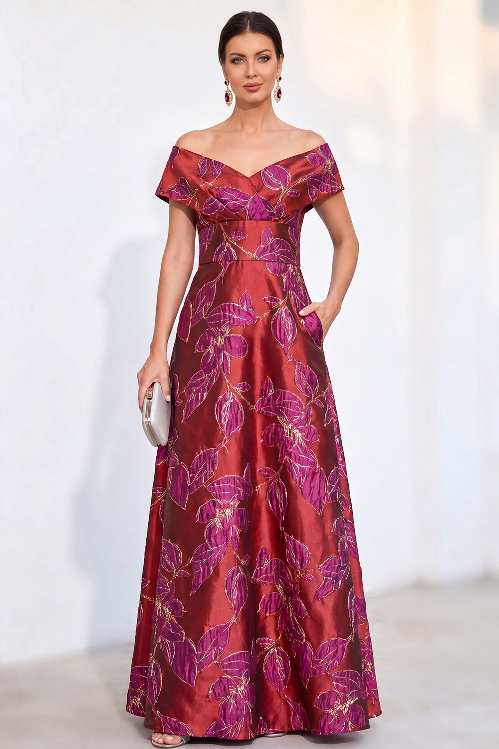 Golden A-Line Off the Shoulder Jacquard Floral Long Mother Of the Bride Dress