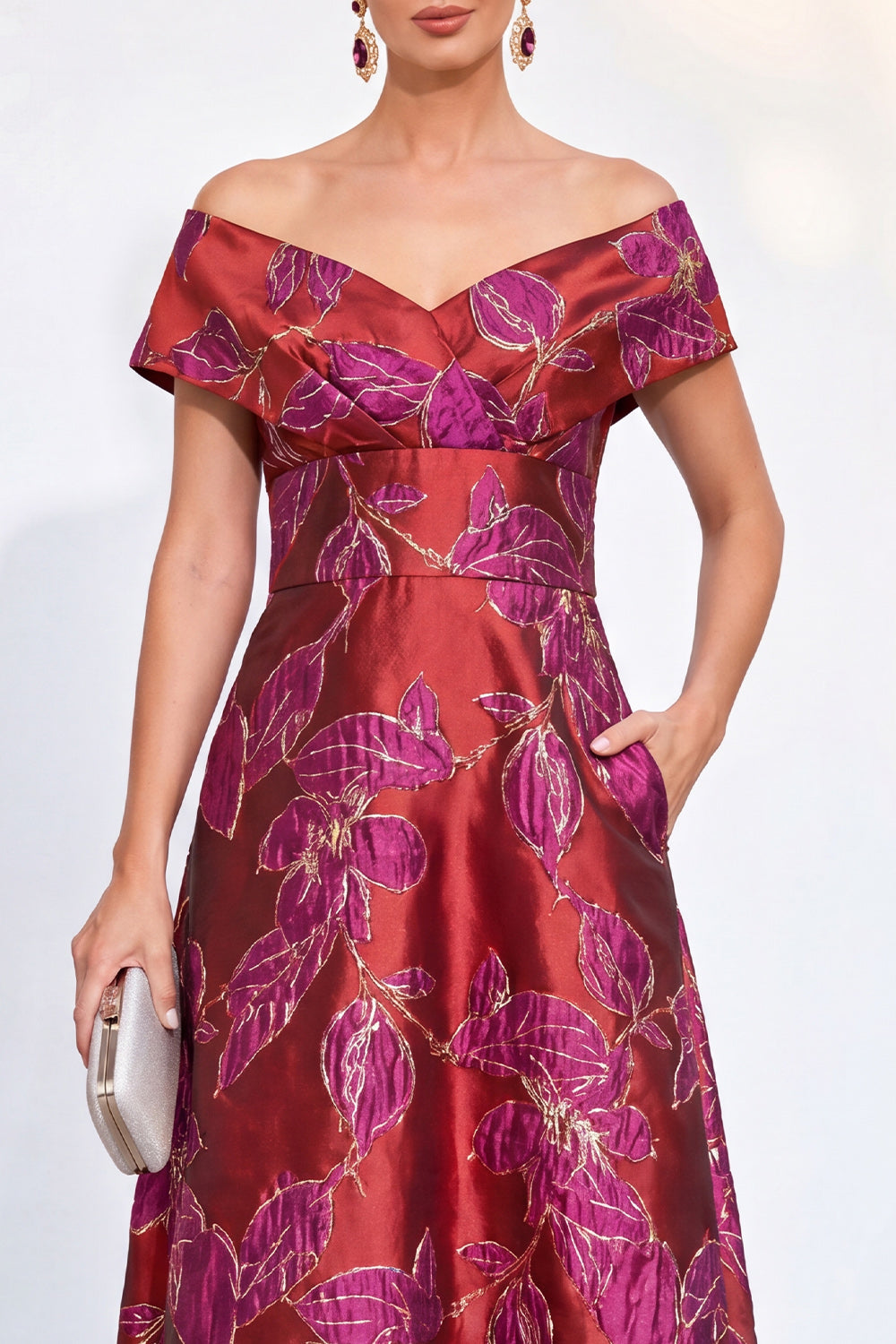 Golden A-Line Off the Shoulder Jacquard Floral Long Mother Of the Bride Dress