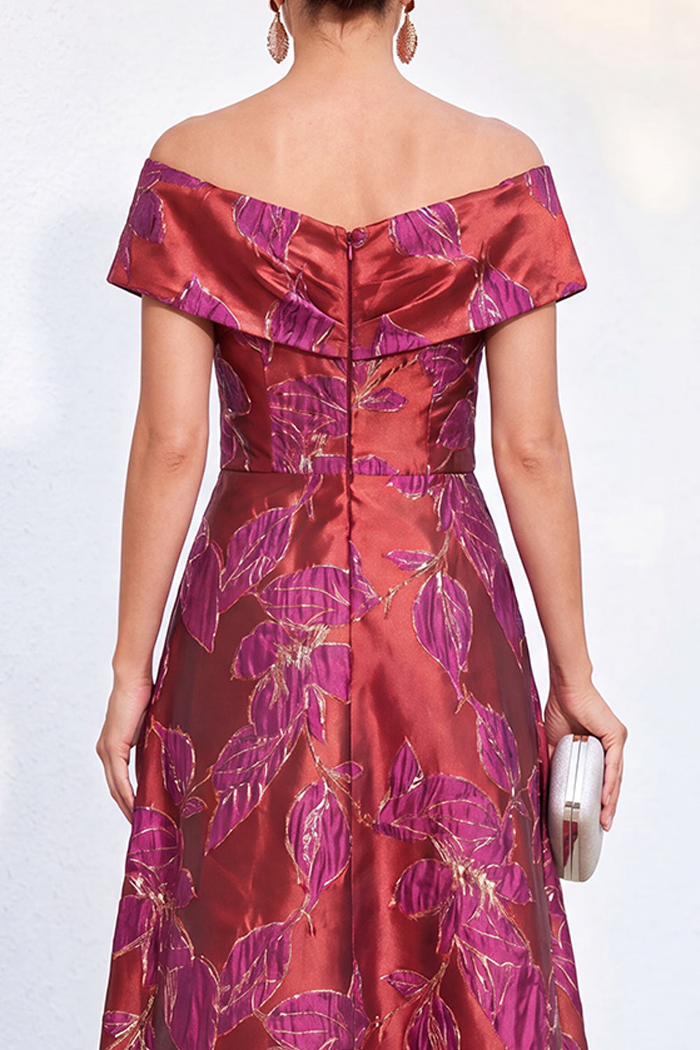 Golden A-Line Off the Shoulder Jacquard Floral Long Mother Of the Bride Dress