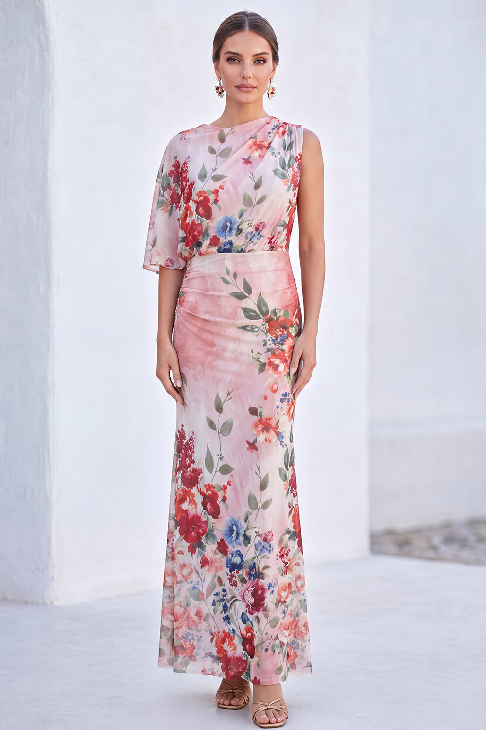 Blue Flower Mermaid Chiffon Bateau Neck Long Mother Of the Bride Dress