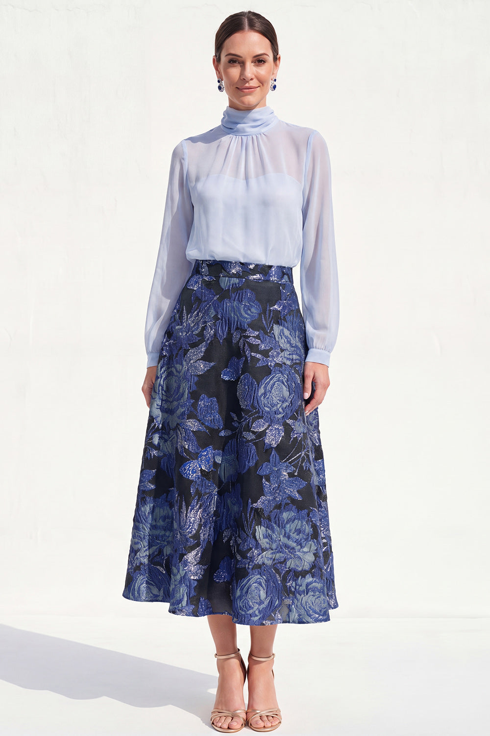 A-Line Purple High Neck 2 Piece Midi Mother Of the Bride Dress with Long Sleeves