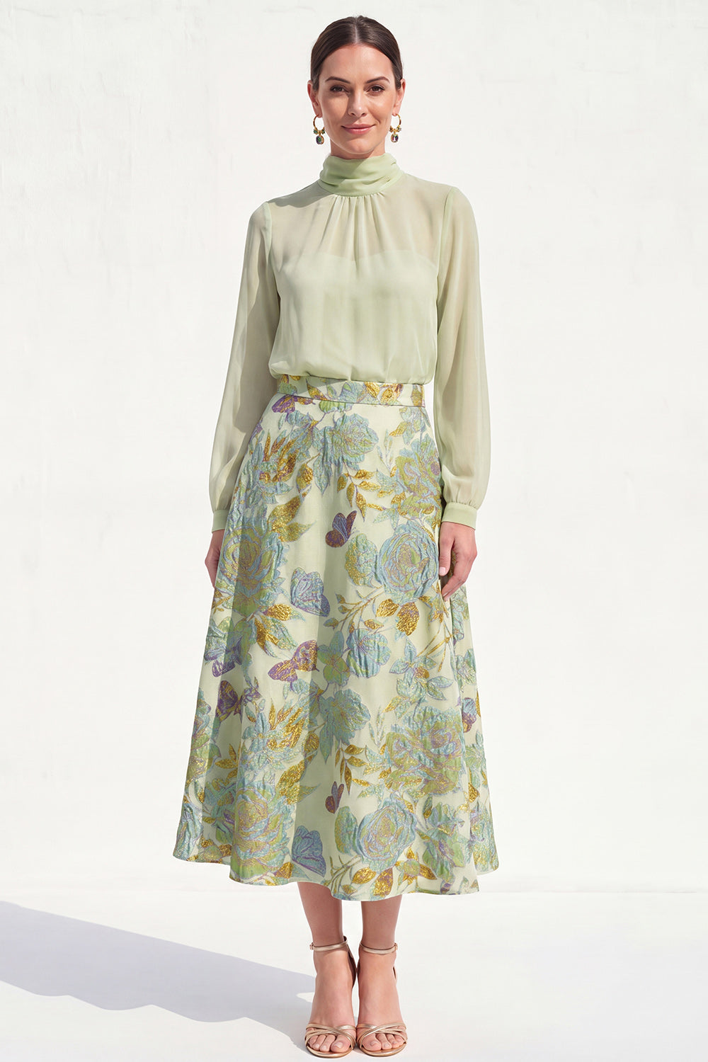 A-Line Purple High Neck 2 Piece Midi Mother Of the Bride Dress with Long Sleeves