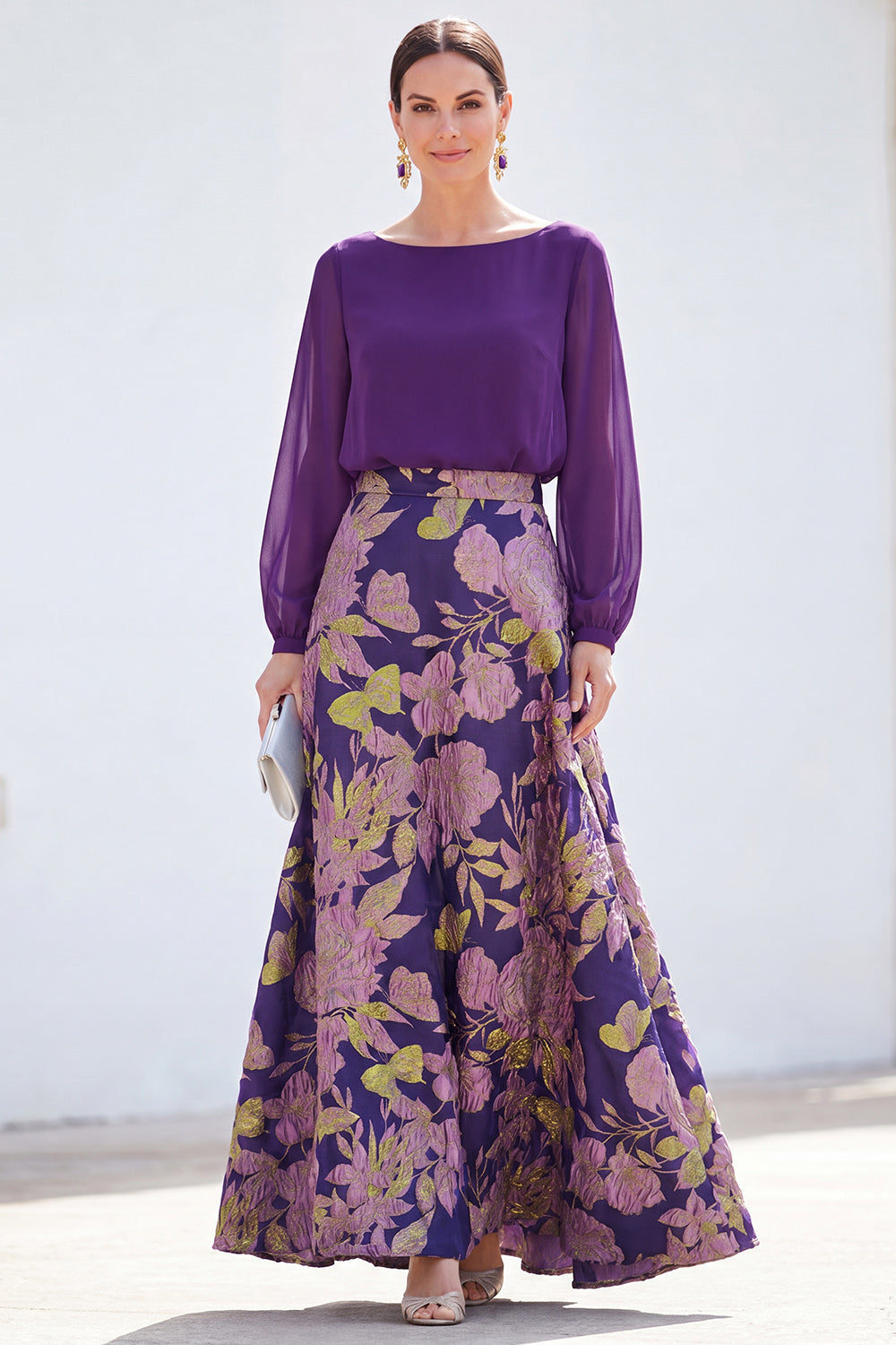 Green A-Line Bateau Neck 2 Piece Jacquard Floral Long Mother Of the Bride Dress