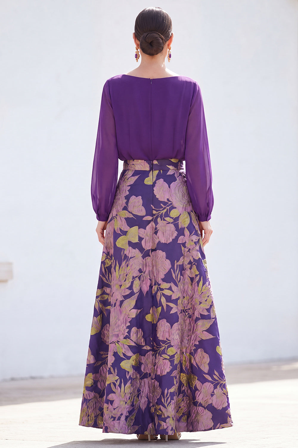 Green A-Line Bateau Neck 2 Piece Jacquard Floral Long Mother Of the Bride Dress