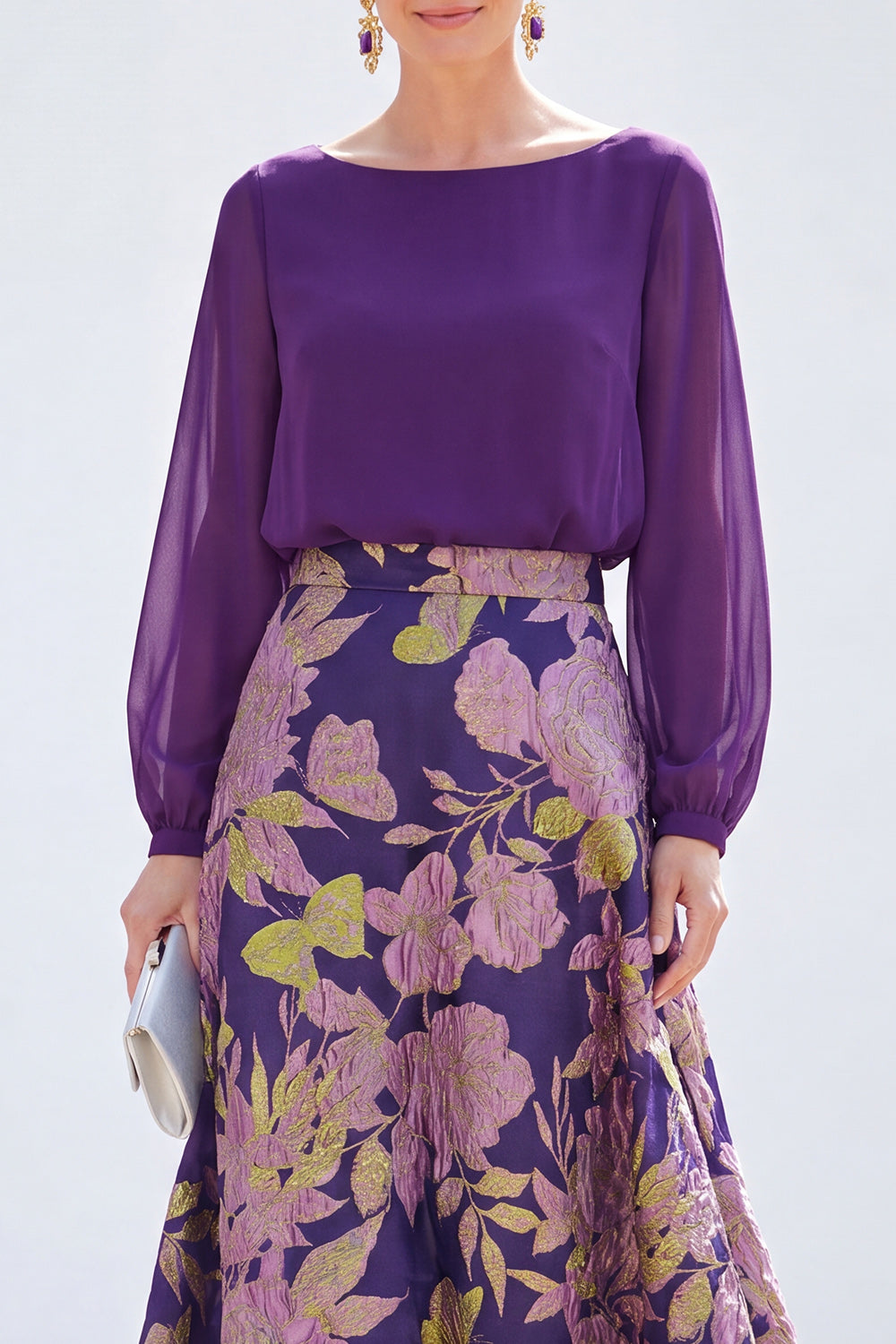 Green A-Line Bateau Neck 2 Piece Jacquard Floral Long Mother Of the Bride Dress