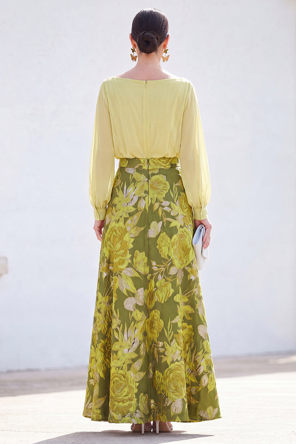Green A-Line Bateau Neck 2 Piece Jacquard Floral Long Mother Of the Bride Dress