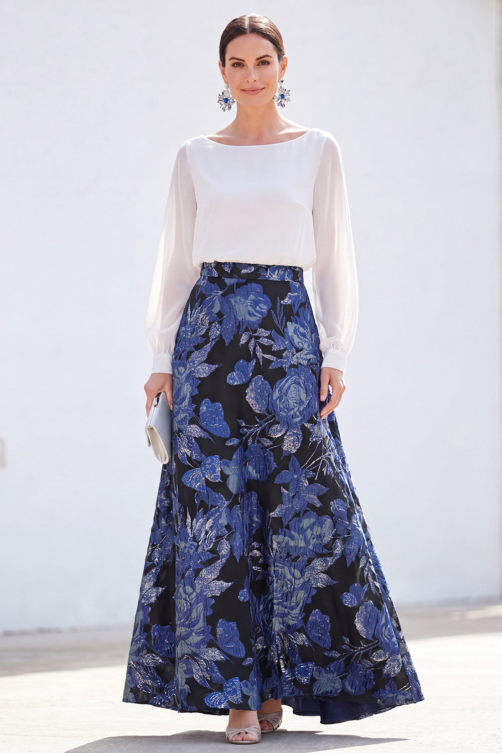 Green A-Line Bateau Neck 2 Piece Jacquard Floral Long Mother Of the Bride Dress