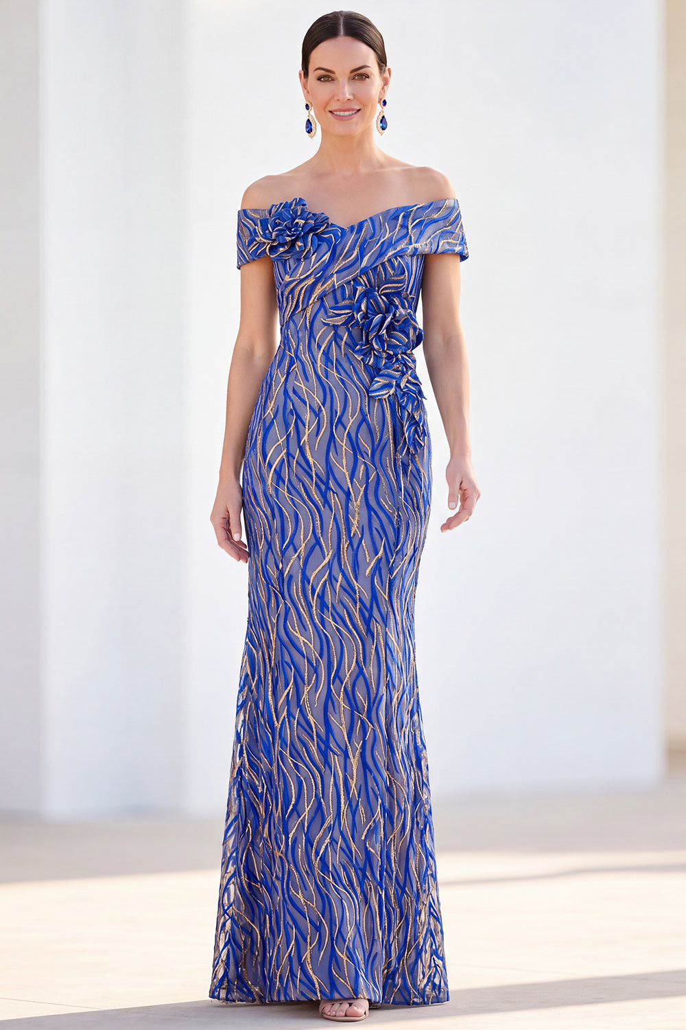 Mermaid Royal Blue Off the Shoulder Long Mother Of the Bride Dress with 3D Flowers