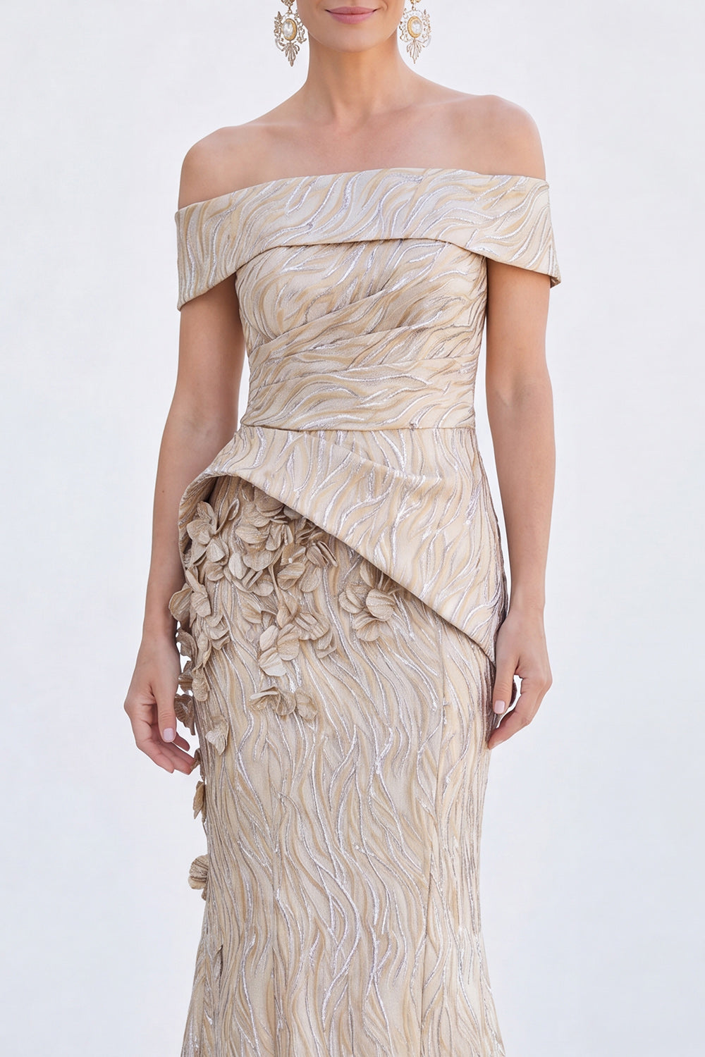 Robe longue de mère de la mariée sirène verte à épaules dénudées avec fleurs et fronces