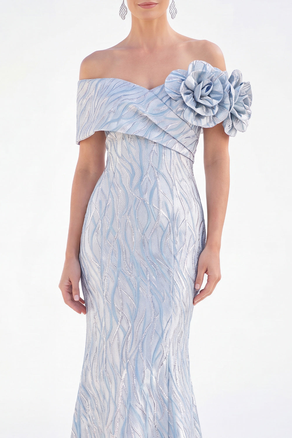 Robe de soirée sirène longue dorée à épaules dénudées avec ruchés et fleurs 3D pour la mère de la mariée