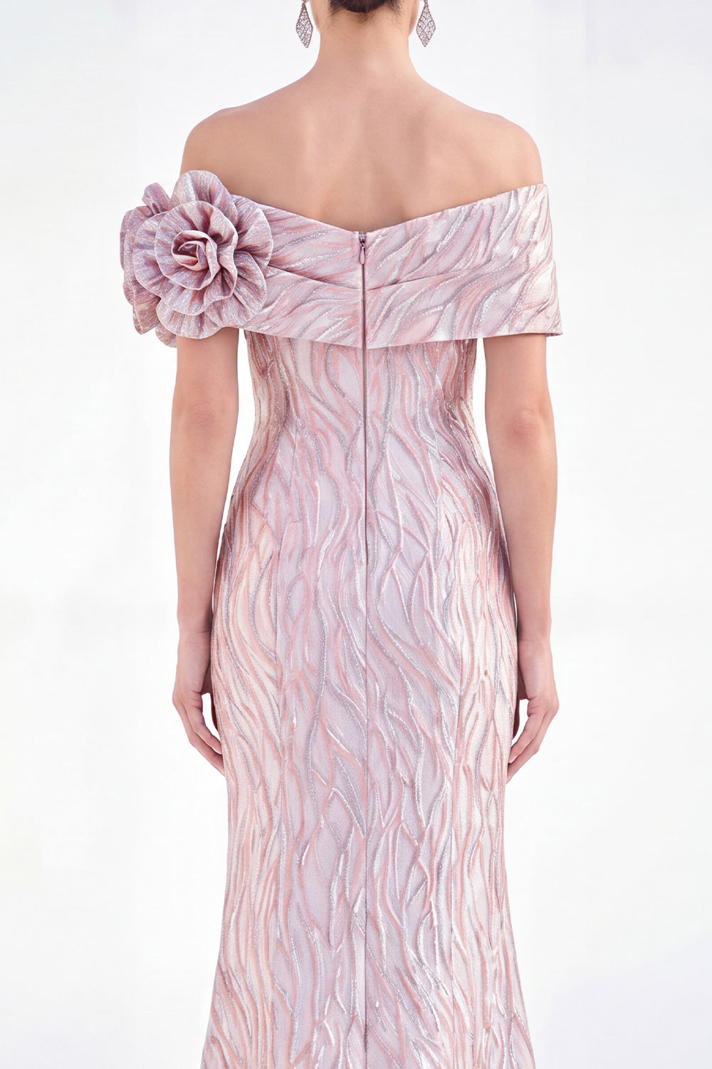 Robe de soirée sirène longue dorée à épaules dénudées avec ruchés et fleurs 3D pour la mère de la mariée
