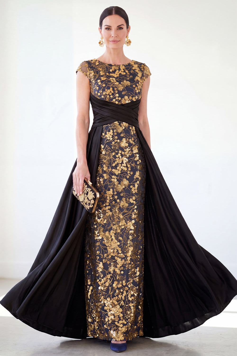 Dark Green A-Line Round Neck Sequins Long Mother Of the Bride Dress with Cap Sleeves
