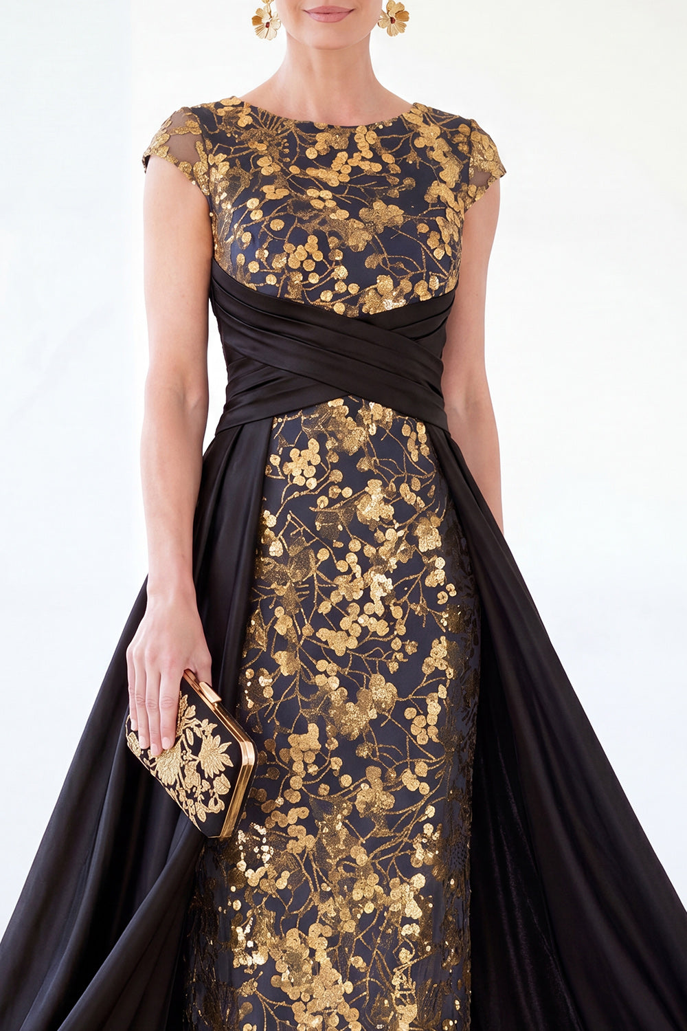 Dark Green A-Line Round Neck Sequins Long Mother Of the Bride Dress with Cap Sleeves