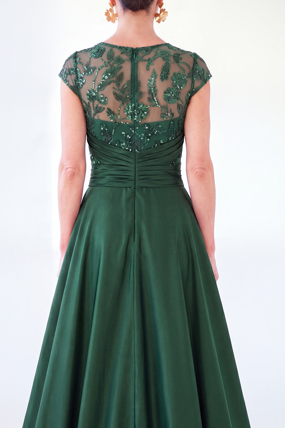 Dark Green A-Line Round Neck Sequins Long Mother Of the Bride Dress with Cap Sleeves