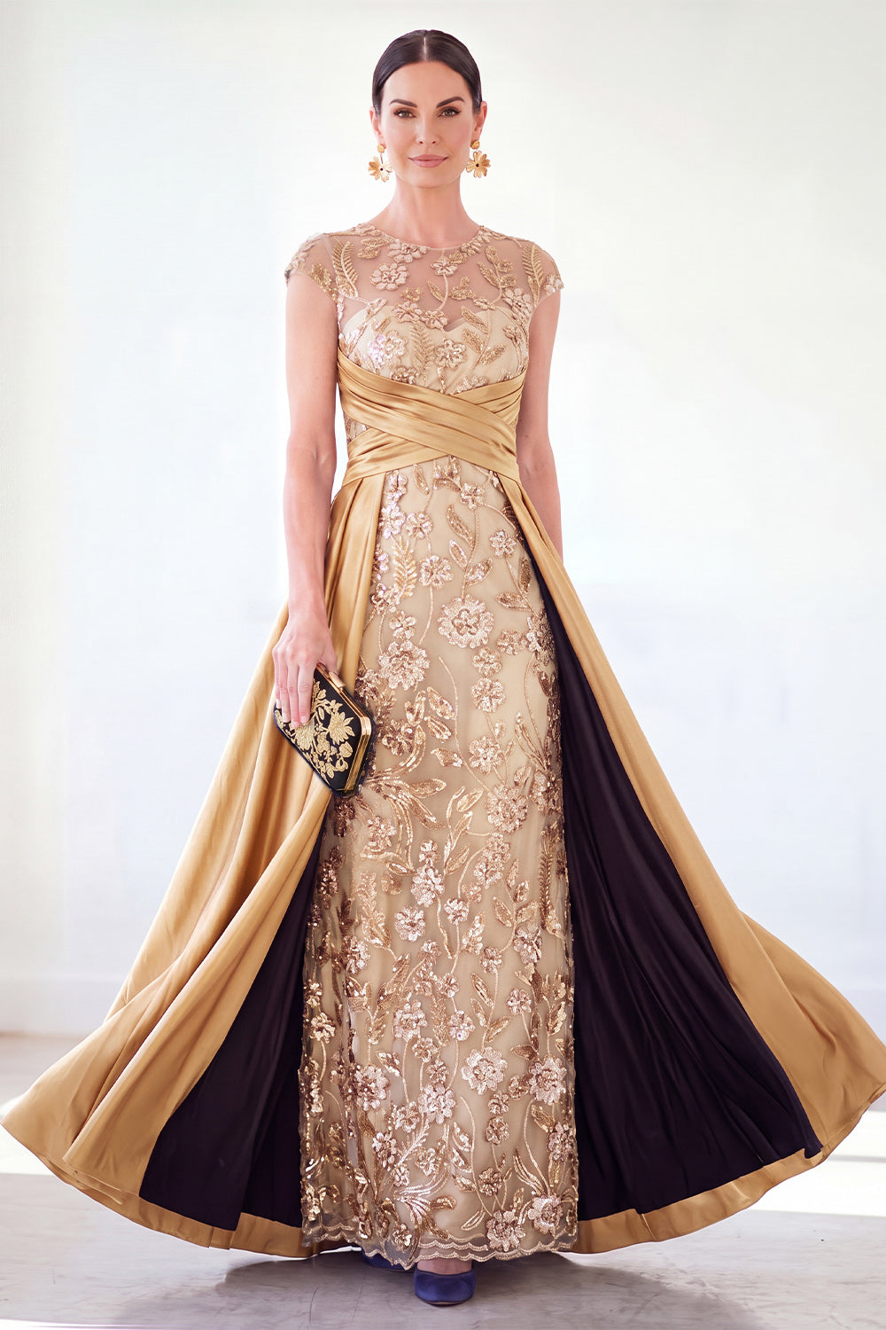 Dark Green A-Line Round Neck Sequins Long Mother Of the Bride Dress with Cap Sleeves