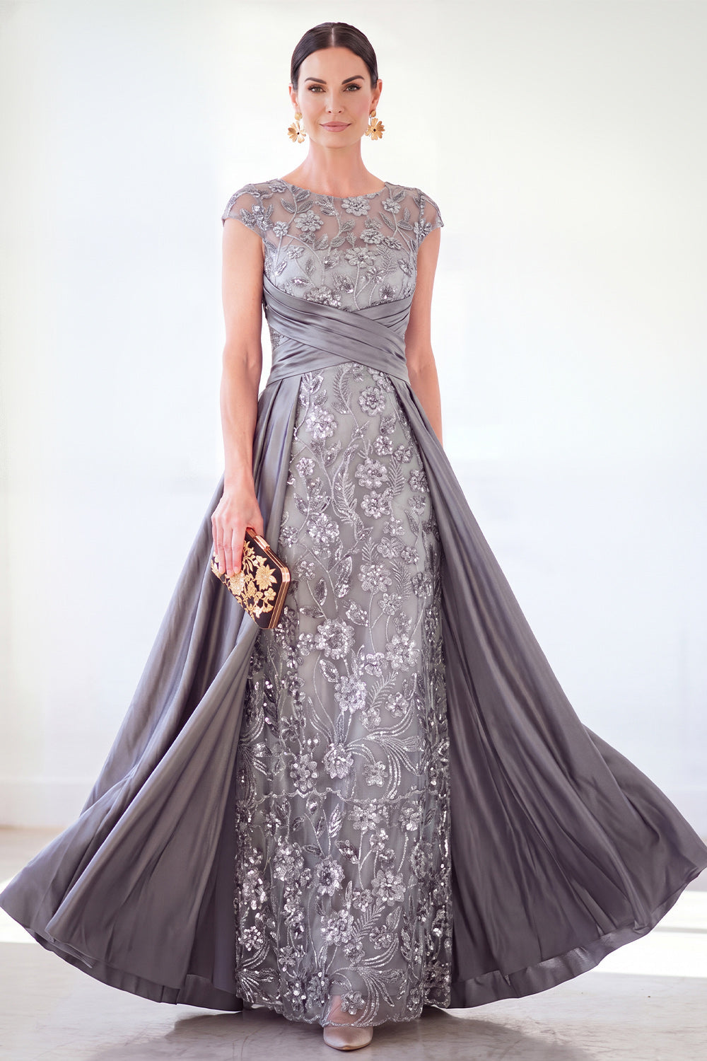 Dark Green A-Line Round Neck Sequins Long Mother Of the Bride Dress with Cap Sleeves