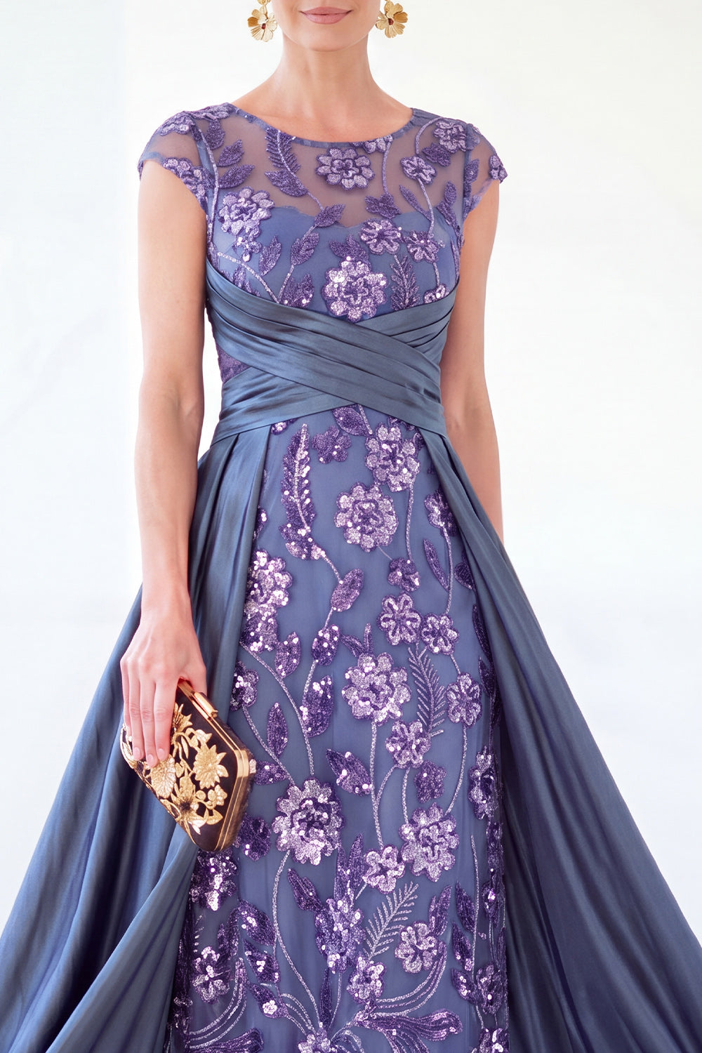 Dark Green A-Line Round Neck Sequins Long Mother Of the Bride Dress with Cap Sleeves