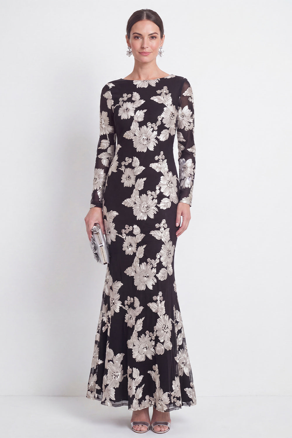 Mermaid Black Bateau Neck Floral Long Mother Of the Bride Dress with Embroidery
