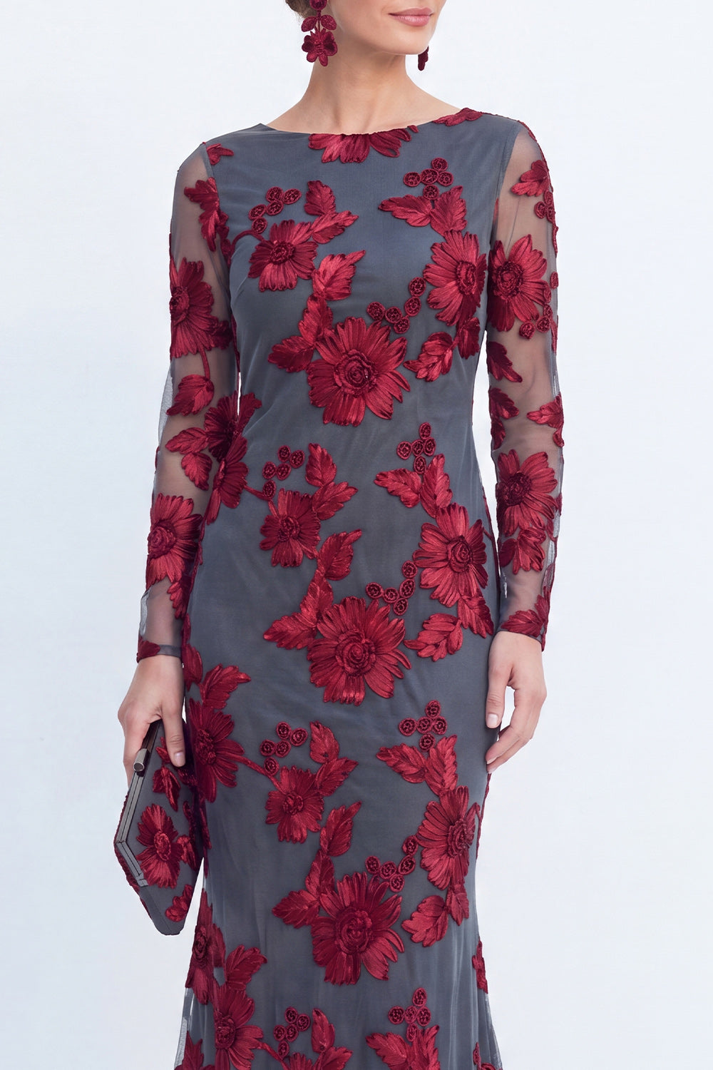 Mermaid Black Bateau Neck Floral Long Mother Of the Bride Dress with Embroidery
