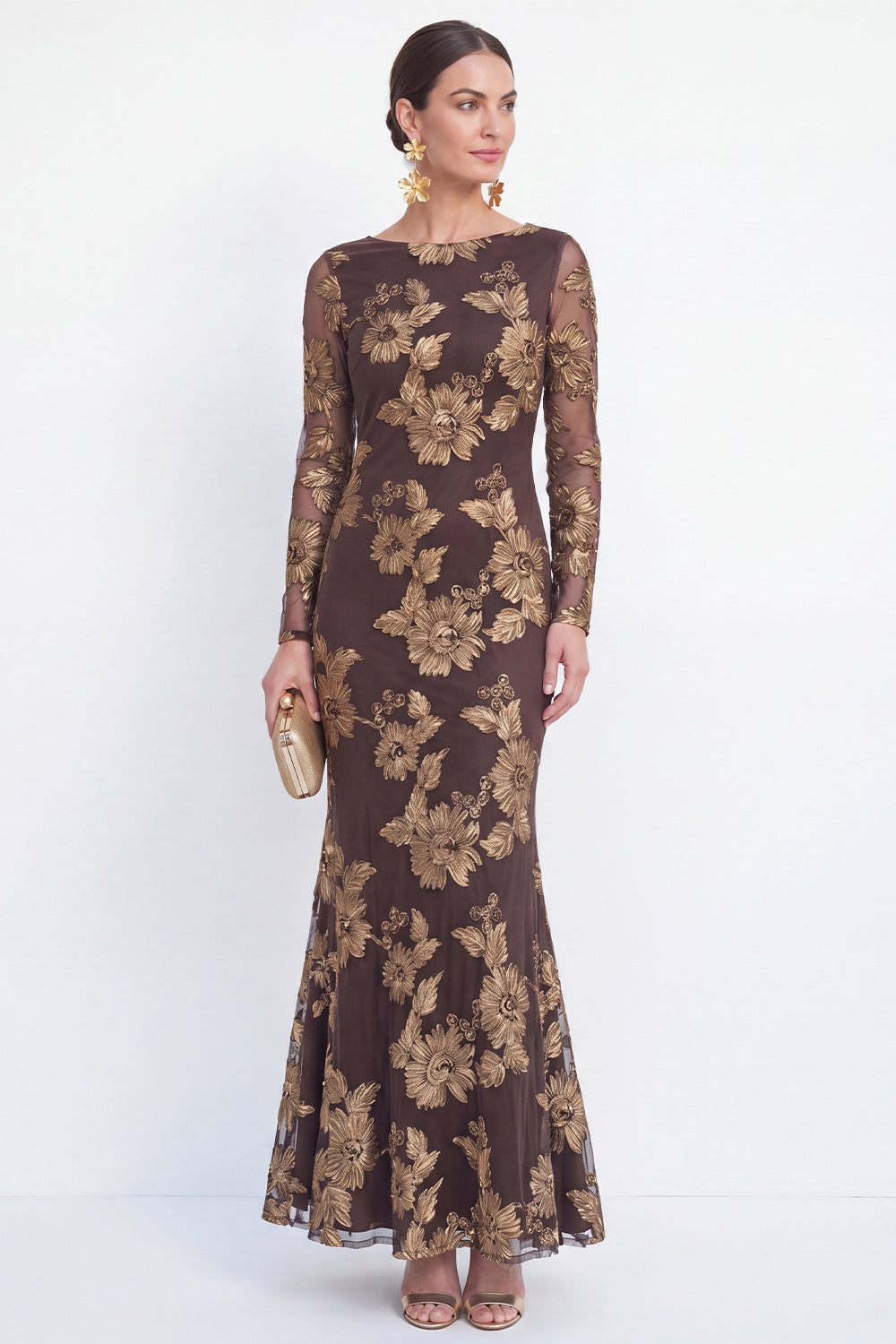 Mermaid Black Bateau Neck Floral Long Mother Of the Bride Dress with Embroidery