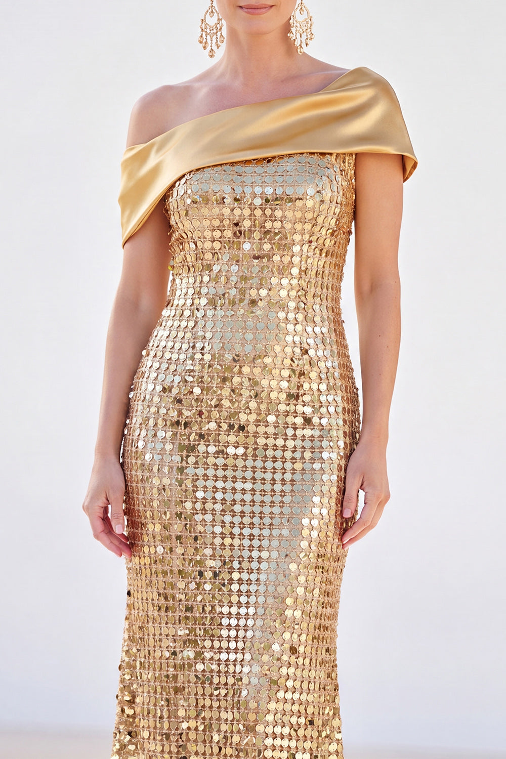 Sparkly Golden Mermaid One Shoulder Sequins Long Mother Of the Bride Dress