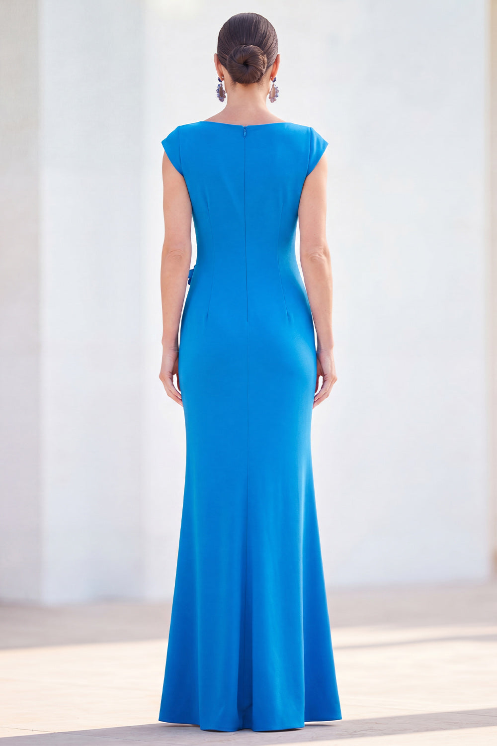 Fuchsia Mermaid Bateau Neck Ruched Floral Long Mother Of the Bride Dress with Cap Sleeves