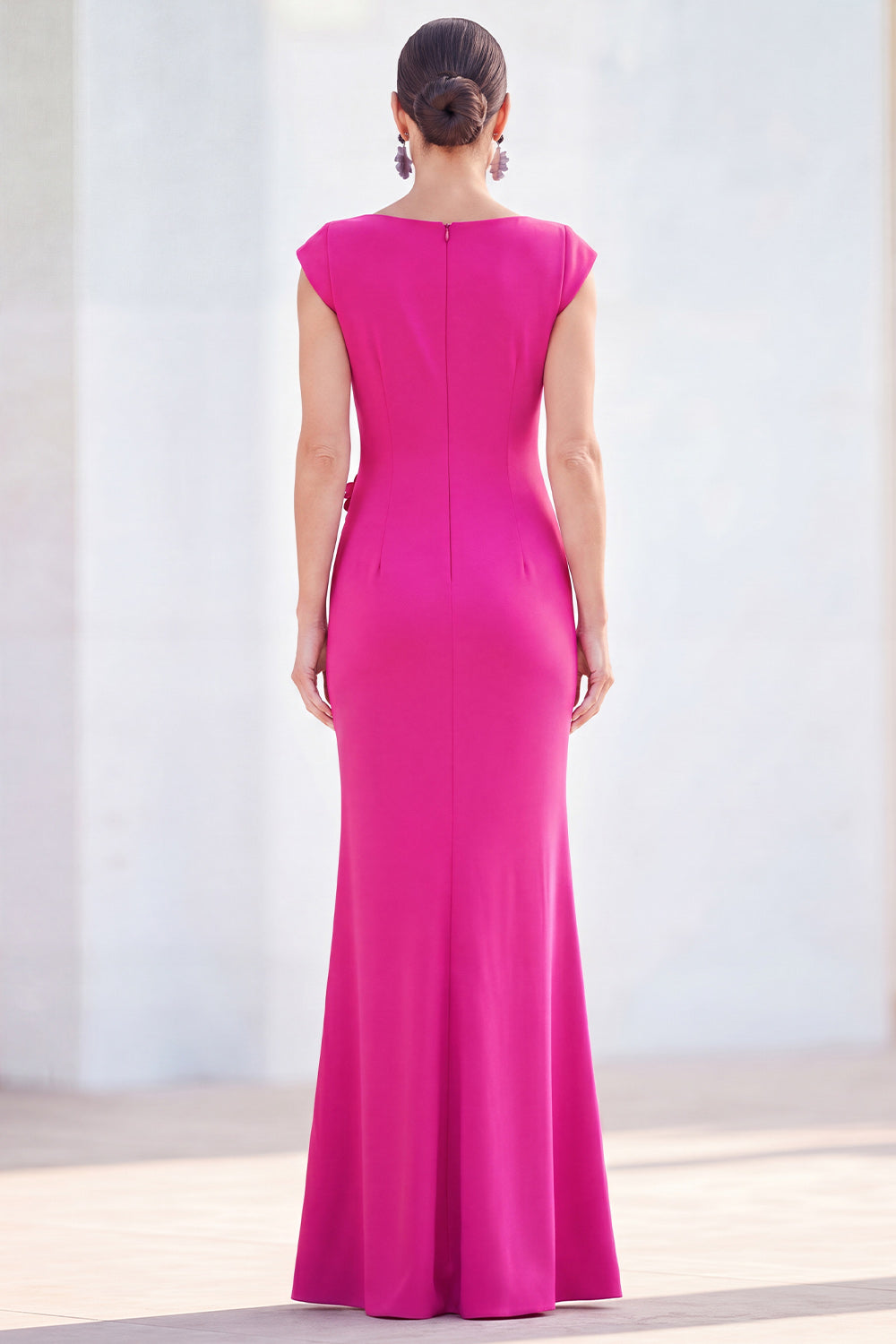 Fuchsia Mermaid Bateau Neck Ruched Floral Long Mother Of the Bride Dress with Cap Sleeves