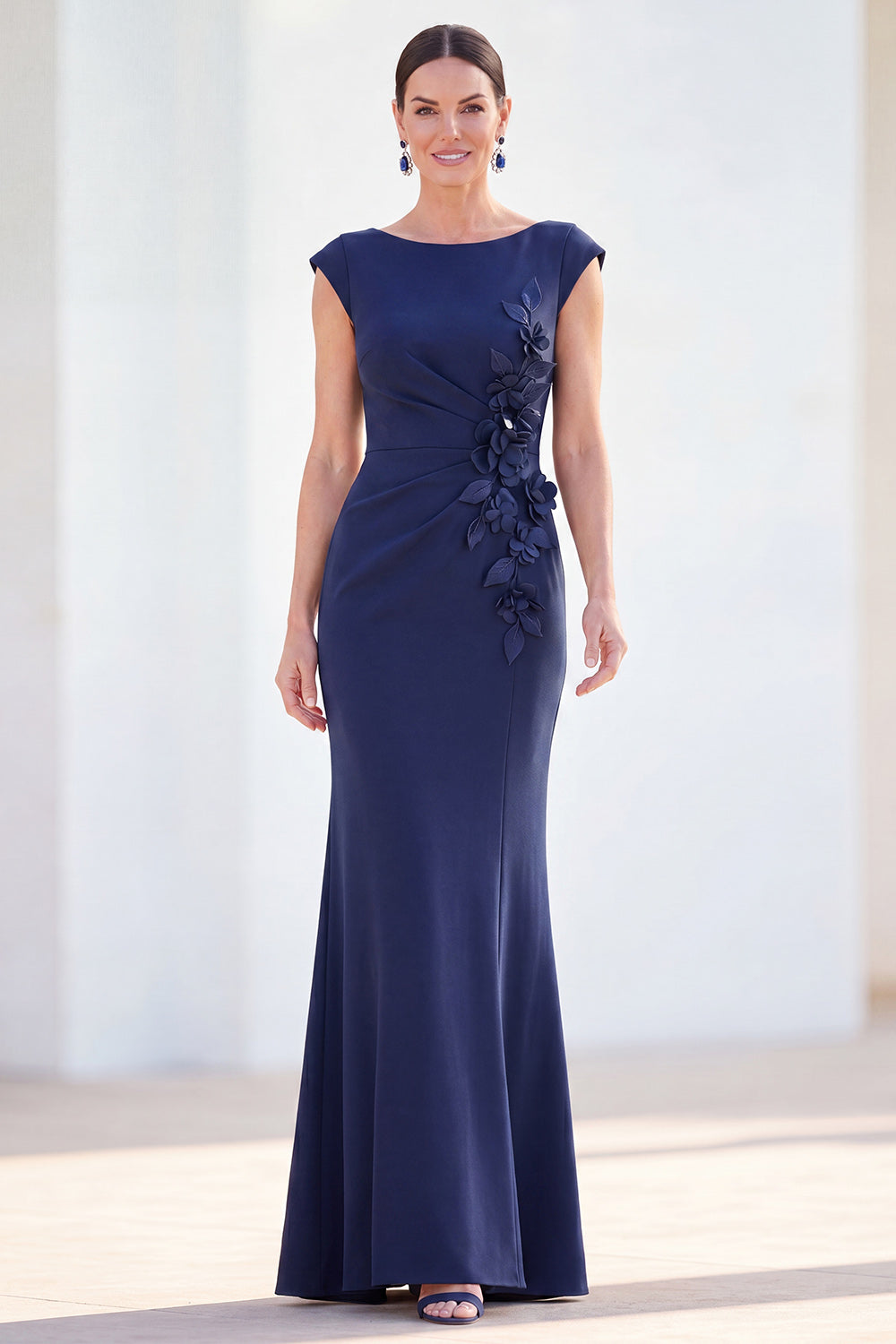 Fuchsia Mermaid Bateau Neck Ruched Floral Long Mother Of the Bride Dress with Cap Sleeves