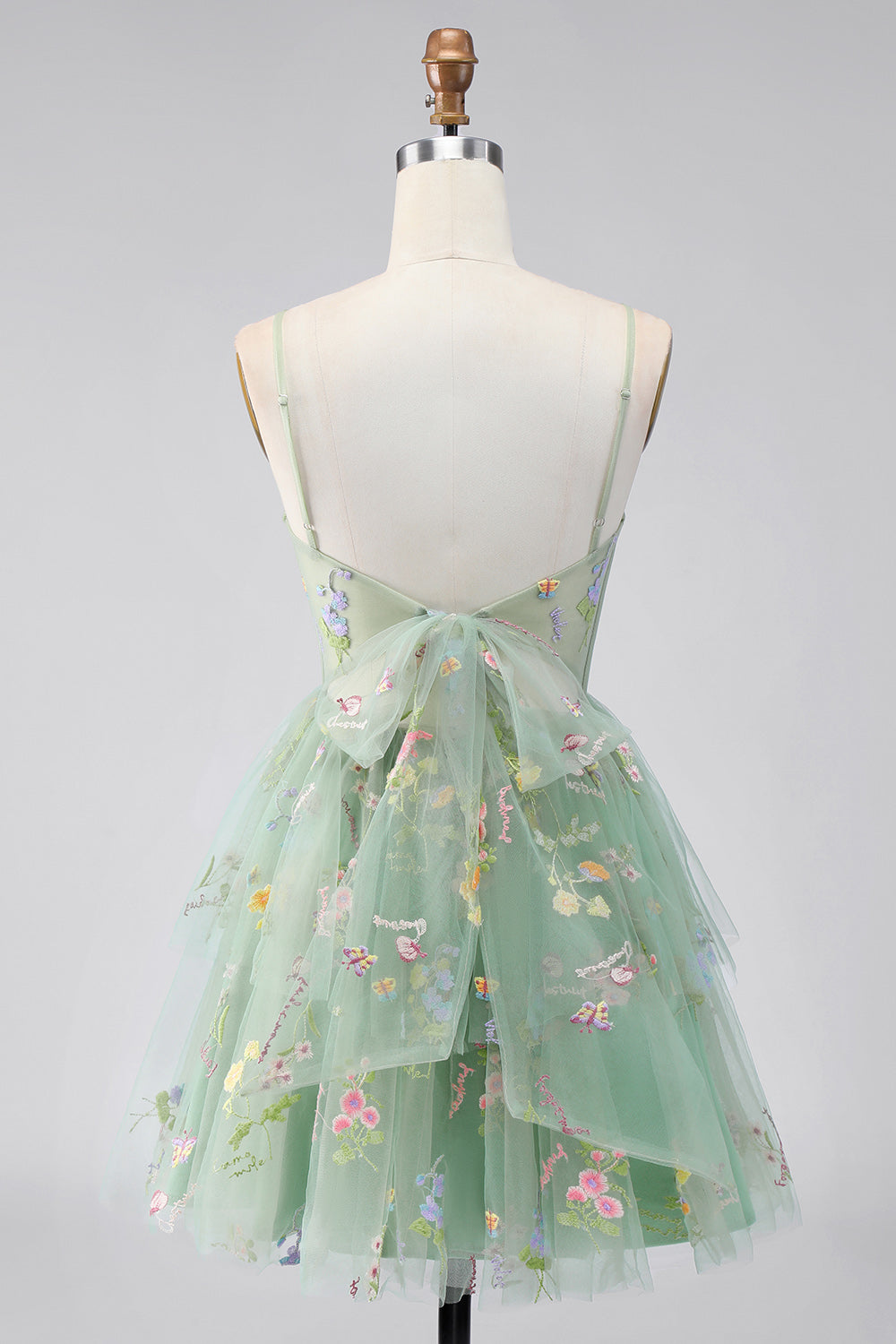 A-Line Dusty Sage Tulle Floral Corset Homecoming Dress with Bow