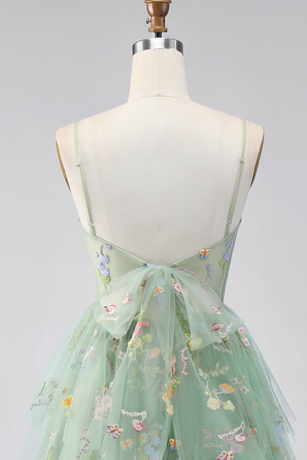 A-Line Dusty Sage Tulle Floral Corset Homecoming Dress with Bow