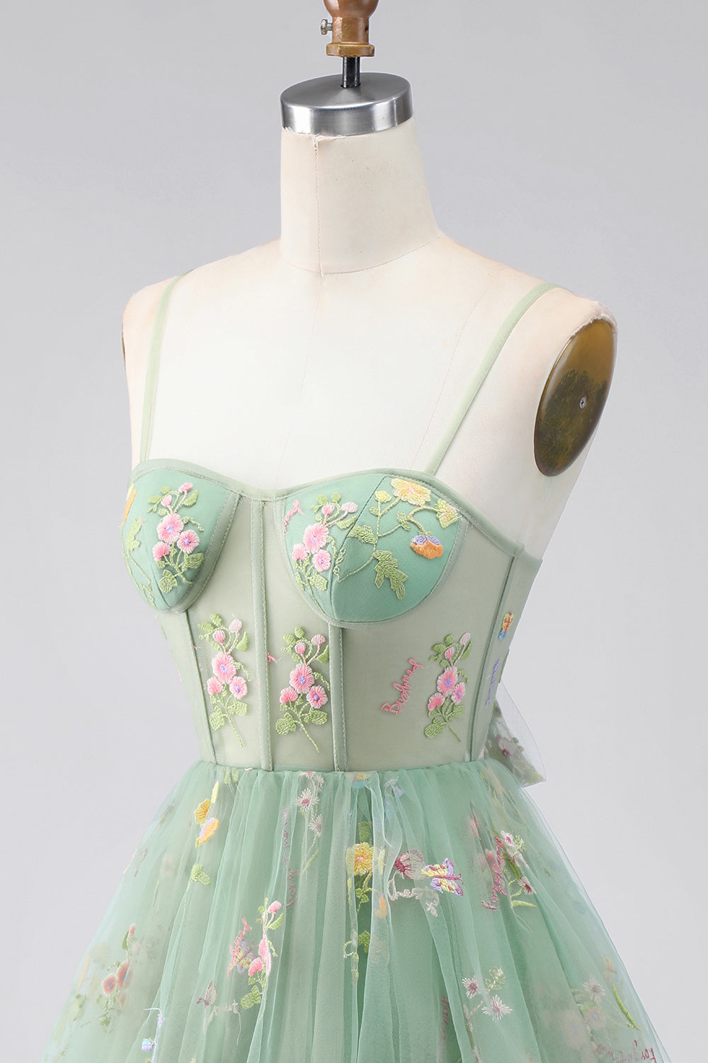 A-Line Dusty Sage Tulle Floral Corset Homecoming Dress with Bow