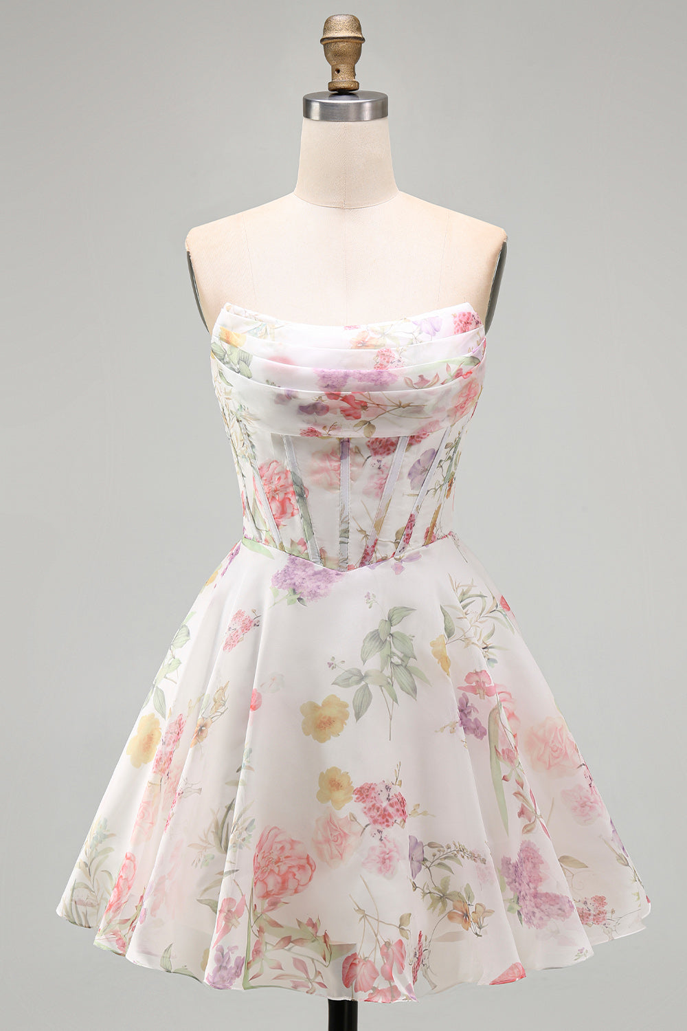 Robe de bal bustier coupe trapèze ivoire en mousseline de soie à fleurs avec corset froncé