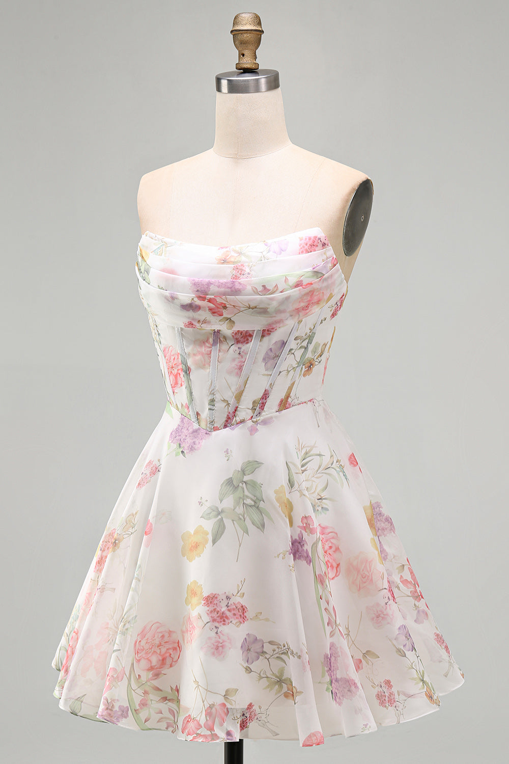 Robe de bal bustier coupe trapèze ivoire en mousseline de soie à fleurs avec corset froncé
