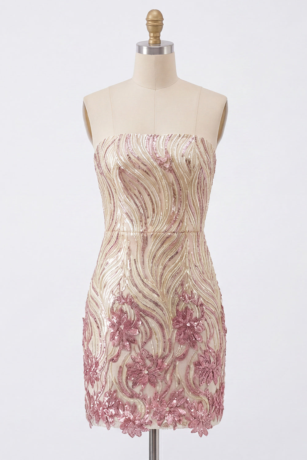 Sparkly Strapless Gold and Pink Bodycon Sequins Homecoming Dress