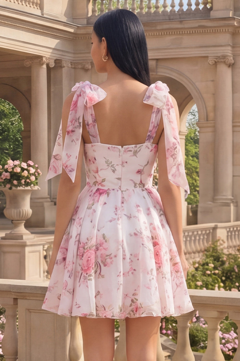 White Pink Flower A-Line Thick Straps Chiffon Homecoming Dress