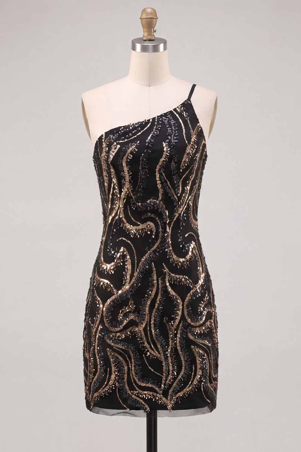 Robe de soirée moulante noire asymétrique à sequins scintillants