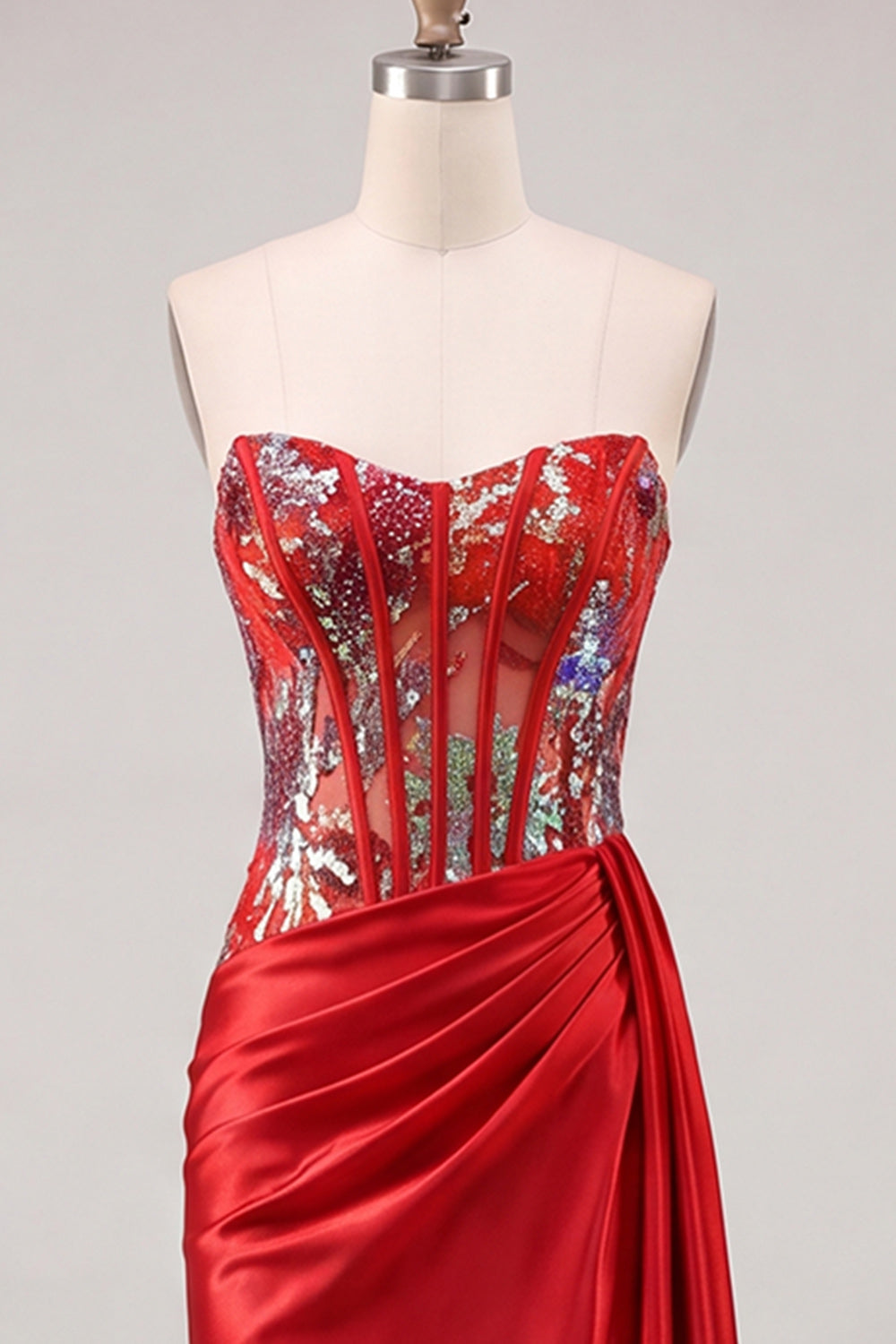 Sweetheart Red Bodycon Sheer Corset Ruched Sequins Homecoming Dress with Sash