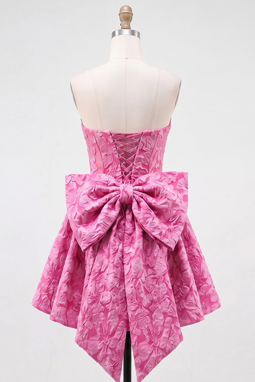 Hot Pink Strapless Floral A-Line Jacquard Bow Homecoming Dress with Lace Up Back
