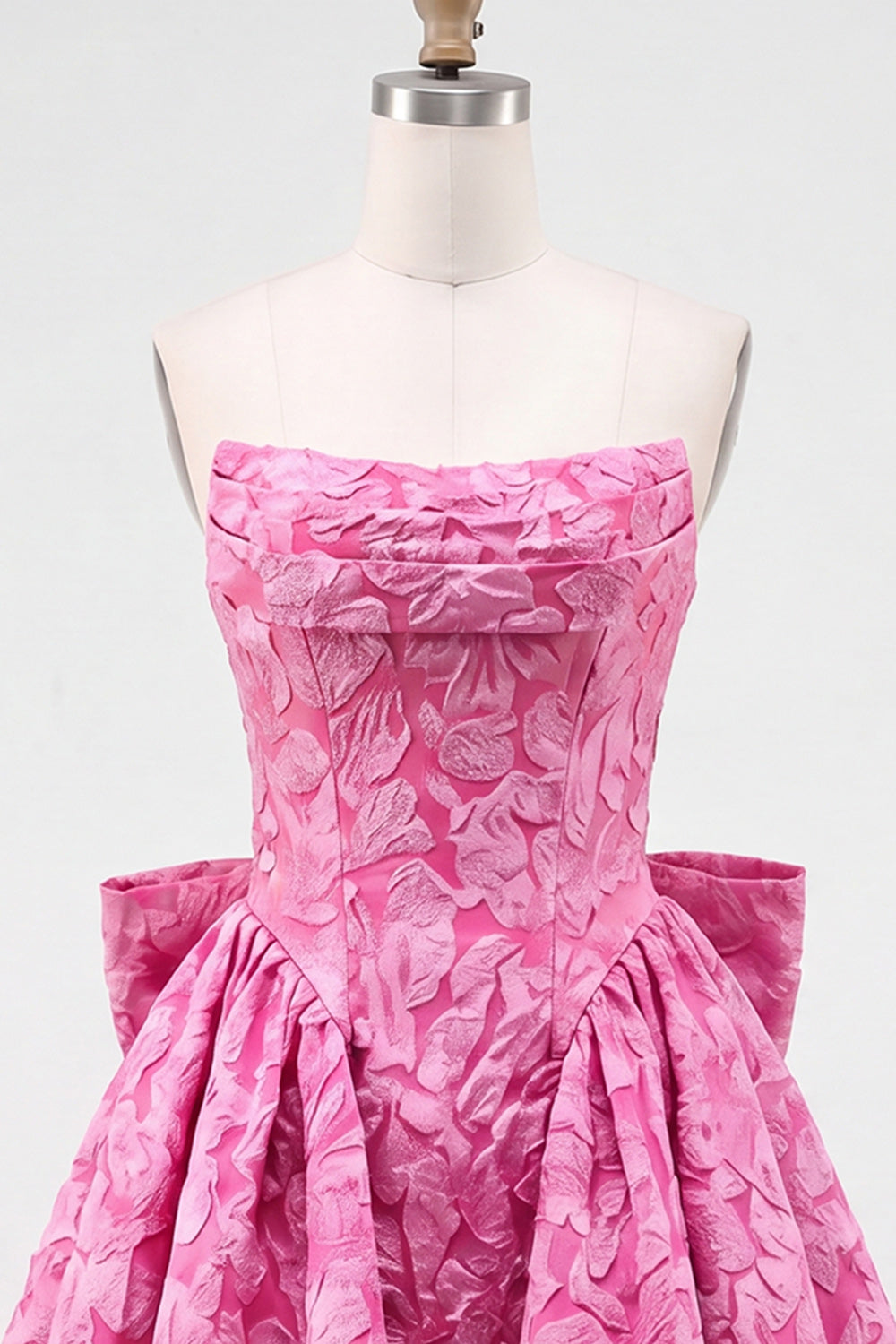 Hot Pink Strapless Floral A-Line Jacquard Bow Homecoming Dress with Lace Up Back