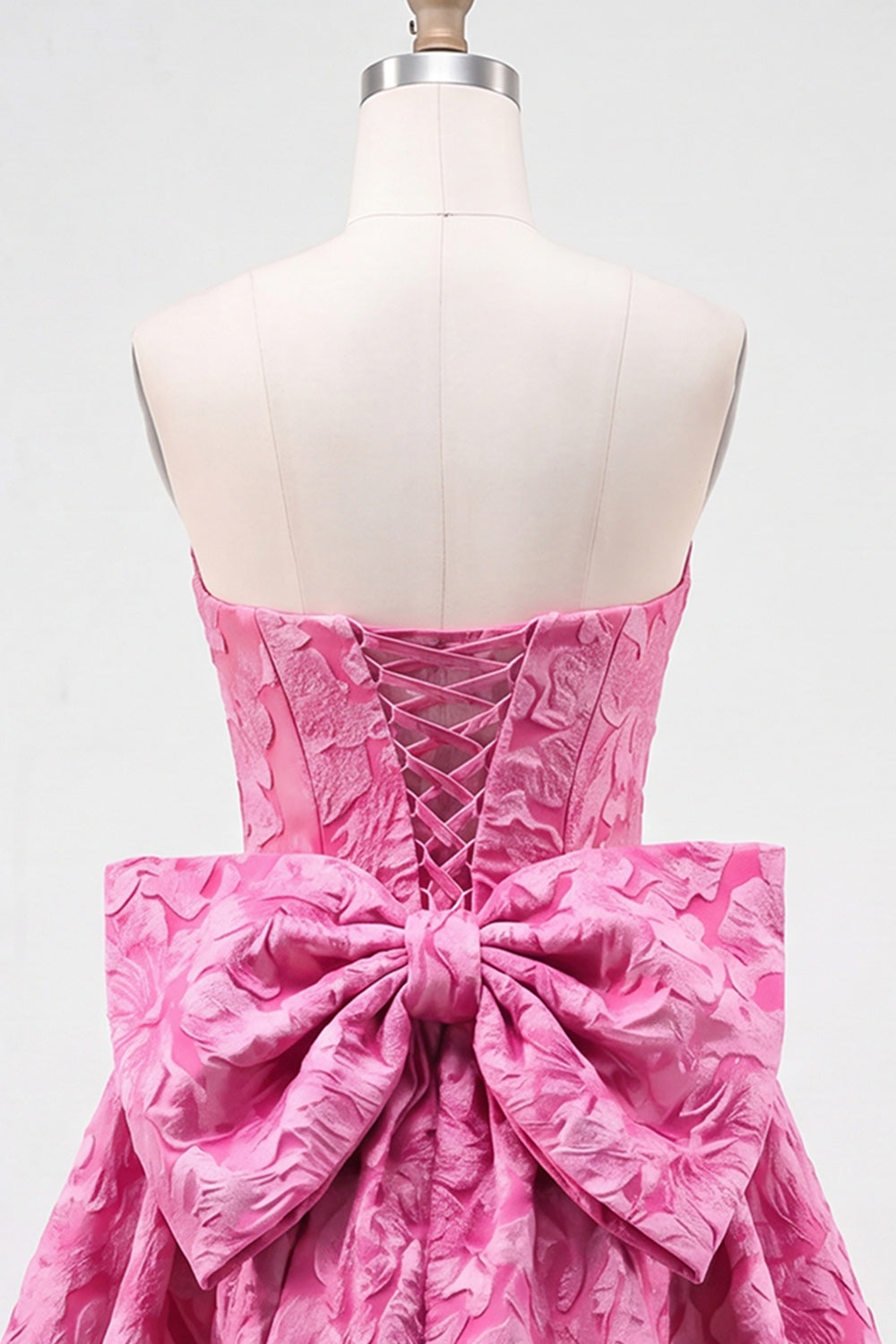 Hot Pink Strapless Floral A-Line Jacquard Bow Homecoming Dress with Lace Up Back