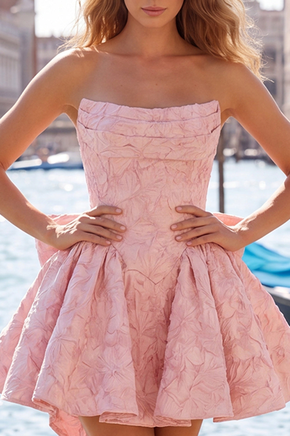 Hot Pink Strapless Floral A-Line Jacquard Bow Homecoming Dress with Lace Up Back