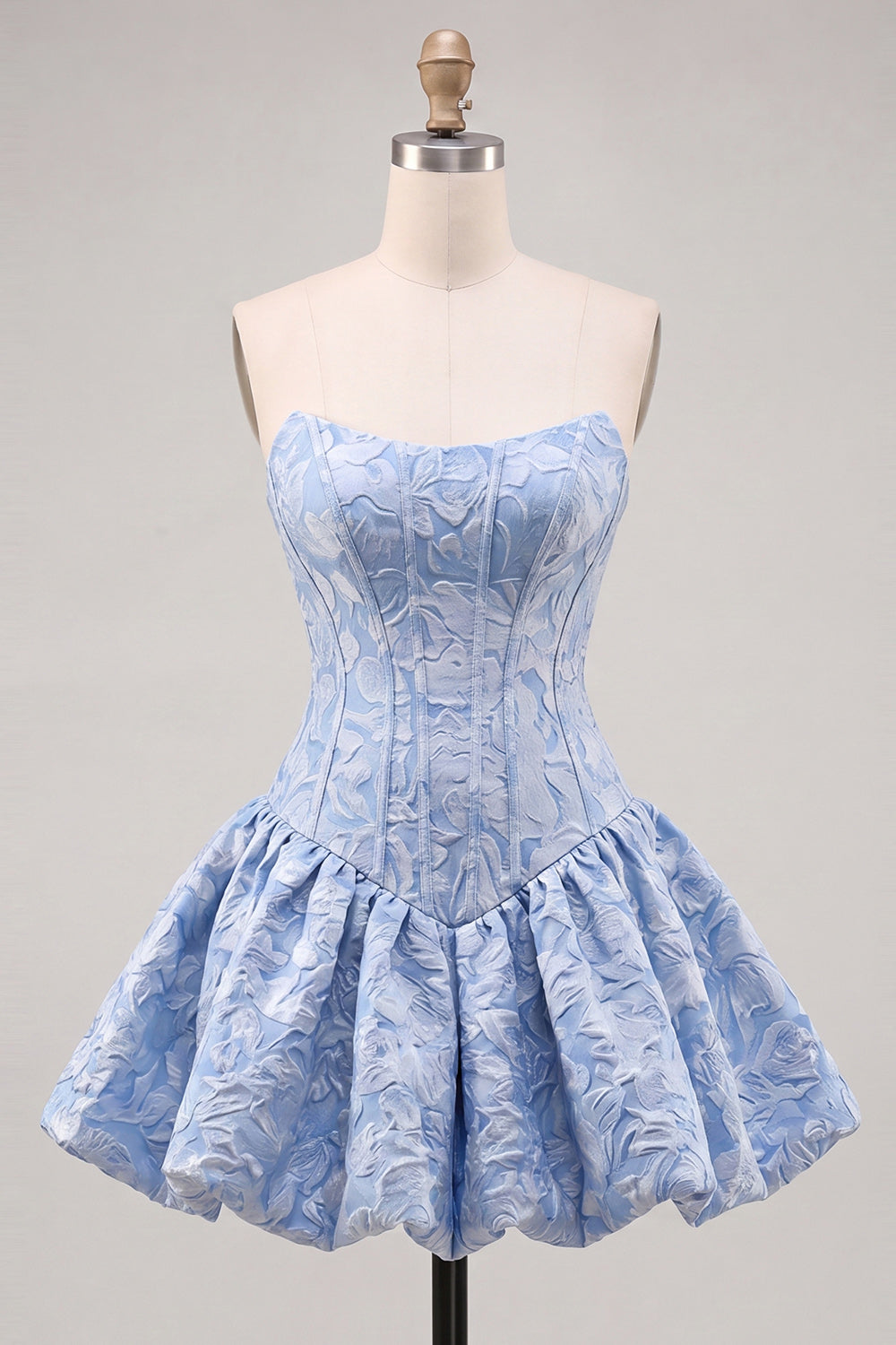 Robe de soirée bustier courte évasée en jacquard floral bleu