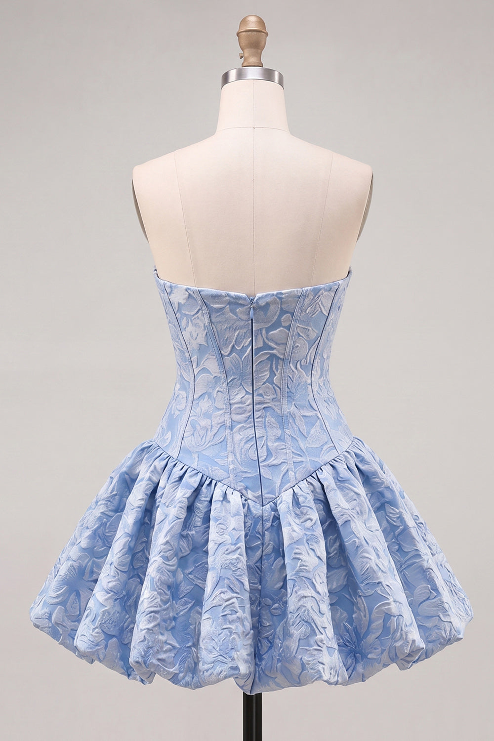 Robe de soirée bustier courte évasée en jacquard floral bleu